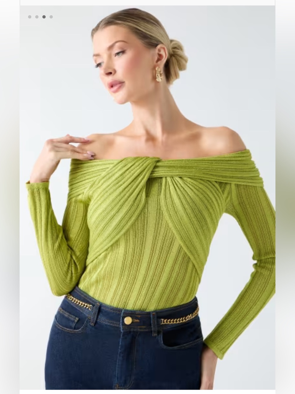 Marciano Off-Shoulder Twist Ribbed Sweater - Lime Green - Size S